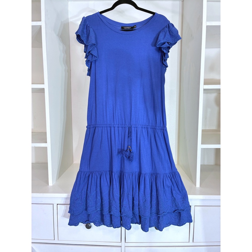 Lauren Ralph Lauren Dress Womens 14 Blue Eyelet Ruffle Tiered Tassel Knit